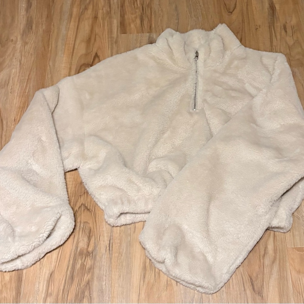Bershka Cream Half Zip Fleece Crop Sweatshirt